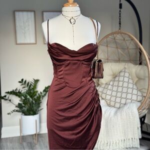 NWT Oh Polly Draped Neck Asymmetric Corset Midi Dress - US 6 Chocolate Brown